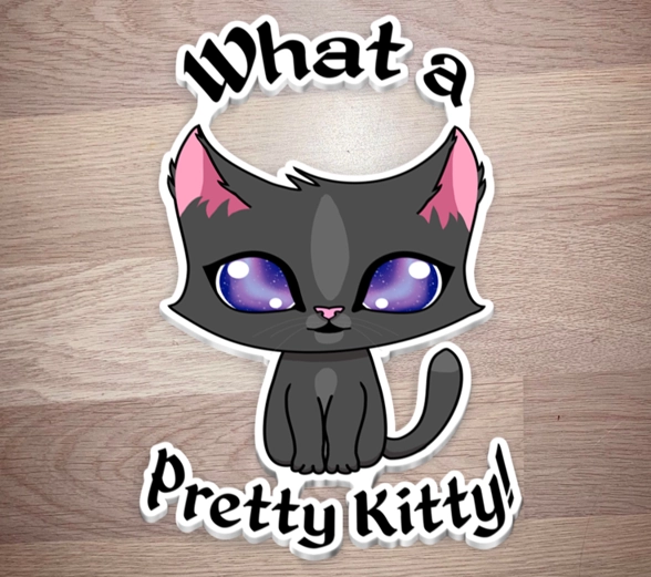 Stack of stickers of a grey cat, with galaxy eyes, text around it saying - What a Pretty Kitty