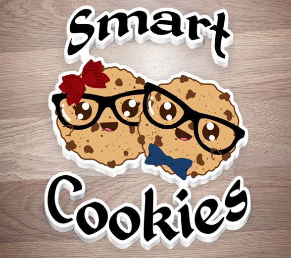 Stack of stickers of two happy cookies with glasses on, text around it saying - Smart Cookies