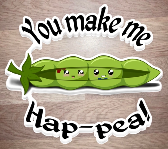 Stack of stickers of two happy green peas in a pot, text around it saying - You make me Hap-pea!