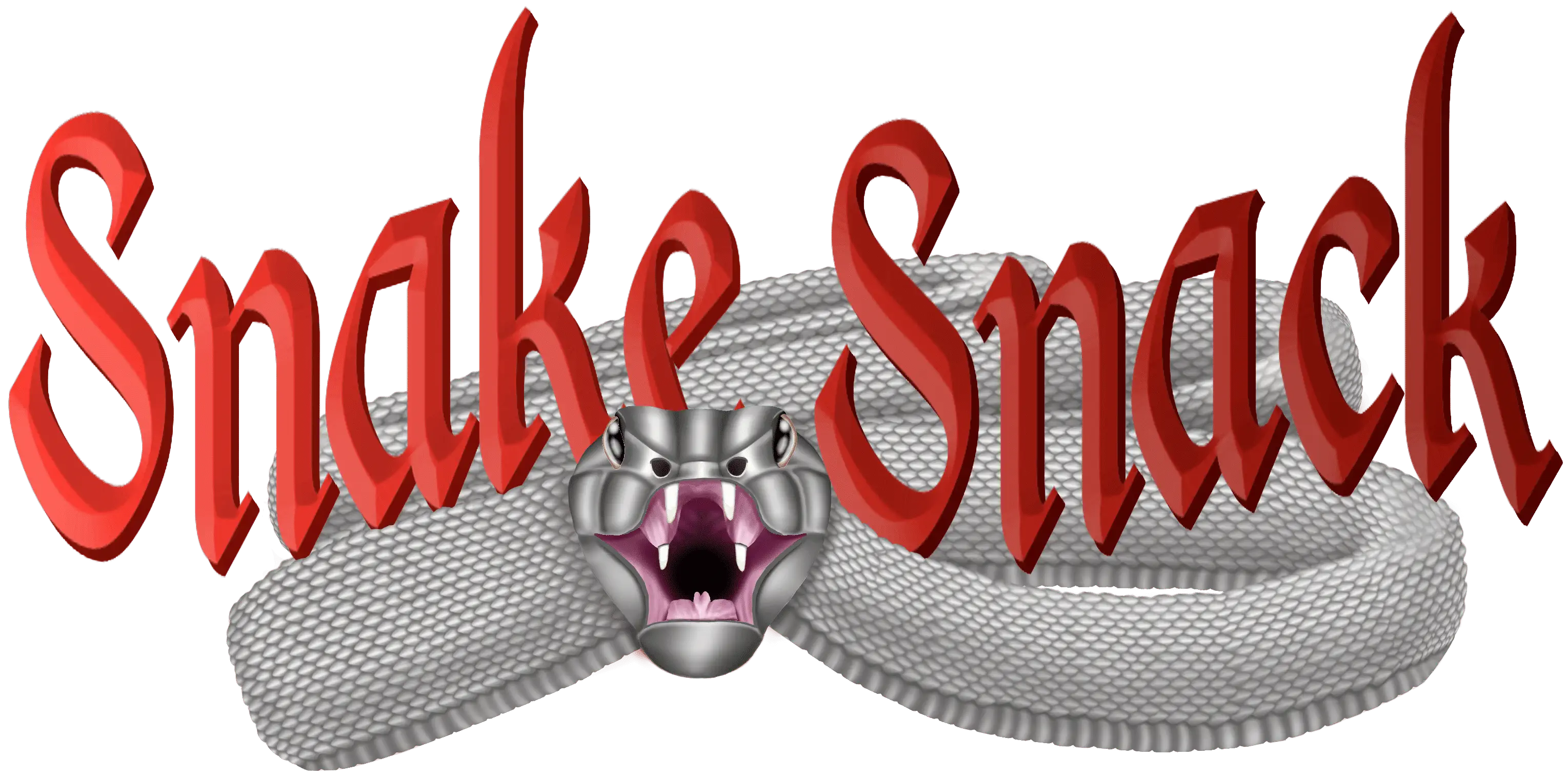 Silver snake jumping out towards the screen with snake snack in red behind it.